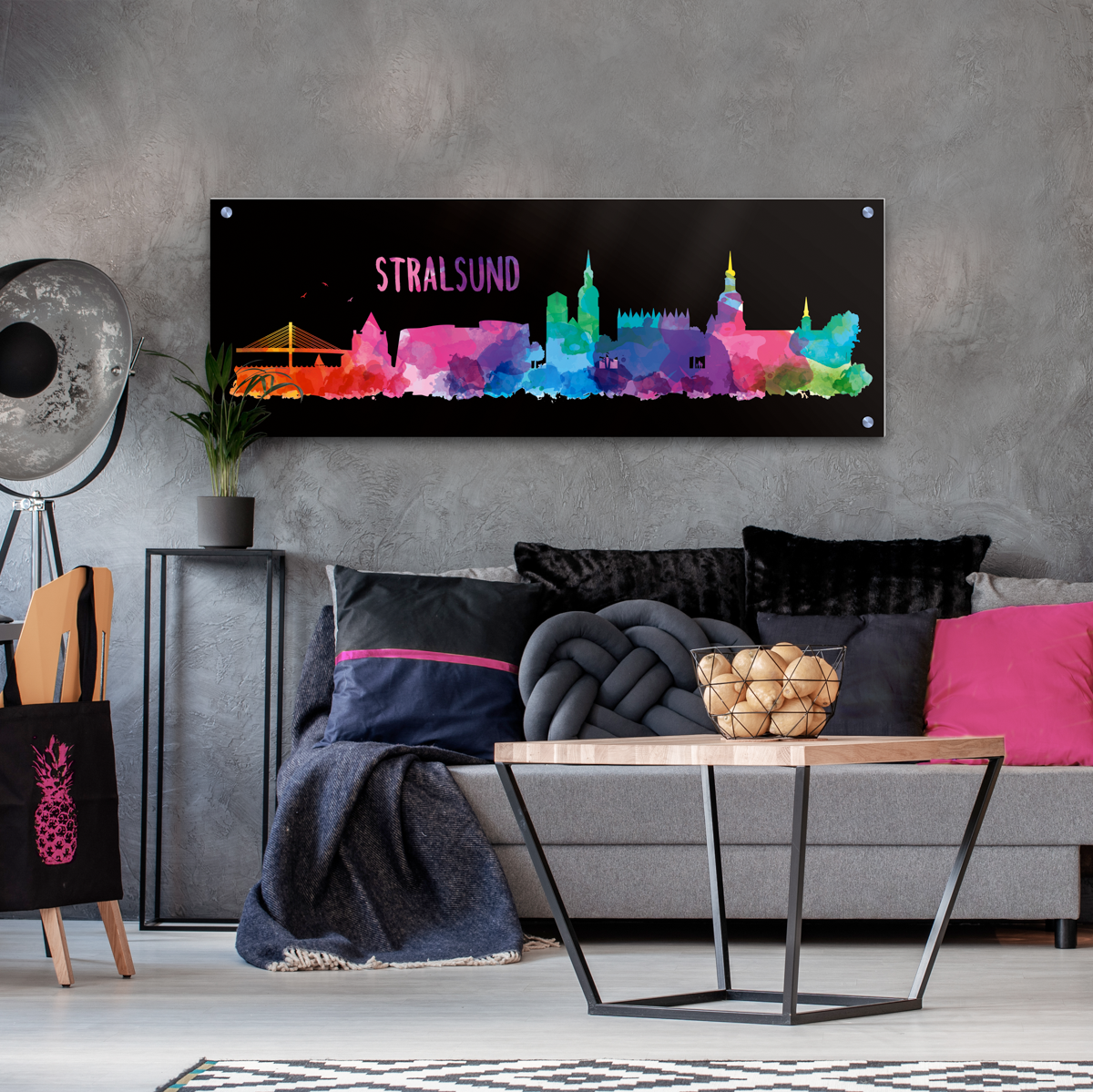Skyline Stralsund Acrylglas Wandbild -  Aquarell schwarz  