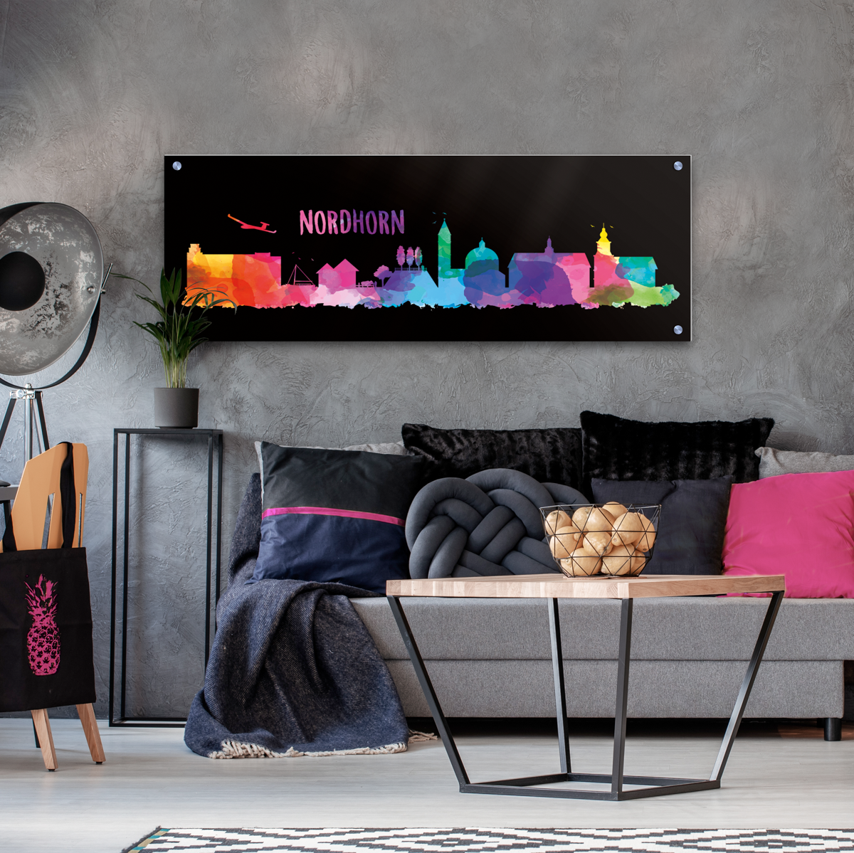 Skyline Nordhorn Acrylglas Wandbild -  Aquarell schwarz                                                                                                                       